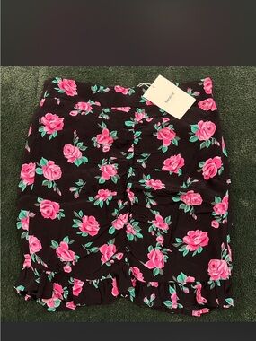 Bershka Black Mini Skirt with Pink Rose Print
